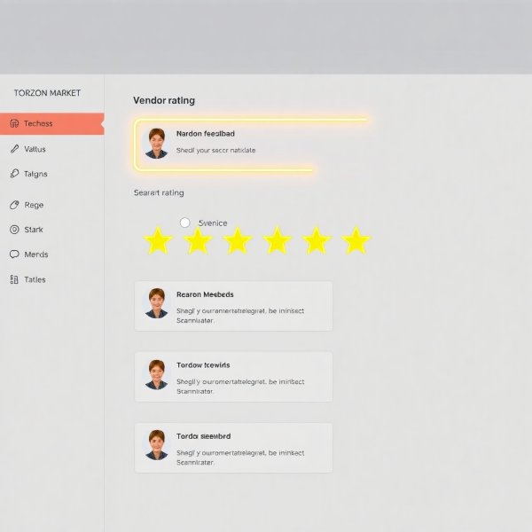 Screenshot of Torzon Market's new vendor rating system interface with neon highlights and user feedback stars