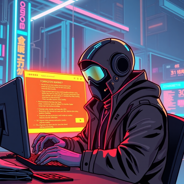 Futuristic cyberpunk illustration of a Torzon Market admin posting a PGP signed announcement on a neon-lit forum