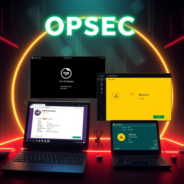 Visual OPSEC guide showing Tails OS boot screen, Tor Browser with security settings, PGP encryption interface, and a Monero wallet transaction screen in a cyberpunk aesthetic