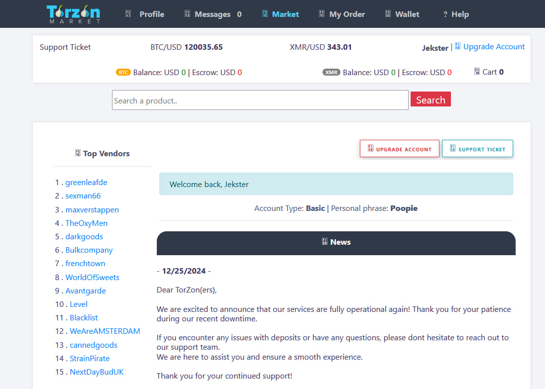 Torzon Market interface showing the marketplace homepage with categories, featured listings, and the distinctive neon-styled UI with security indicators and cryptocurrency balance display