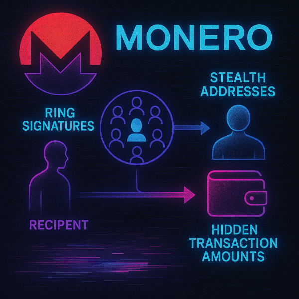 Visual representation of Monero's privacy technology showing ring signatures mixing transactions, stealth addresses, and hidden transaction amounts with a futuristic cyberpunk aesthetic